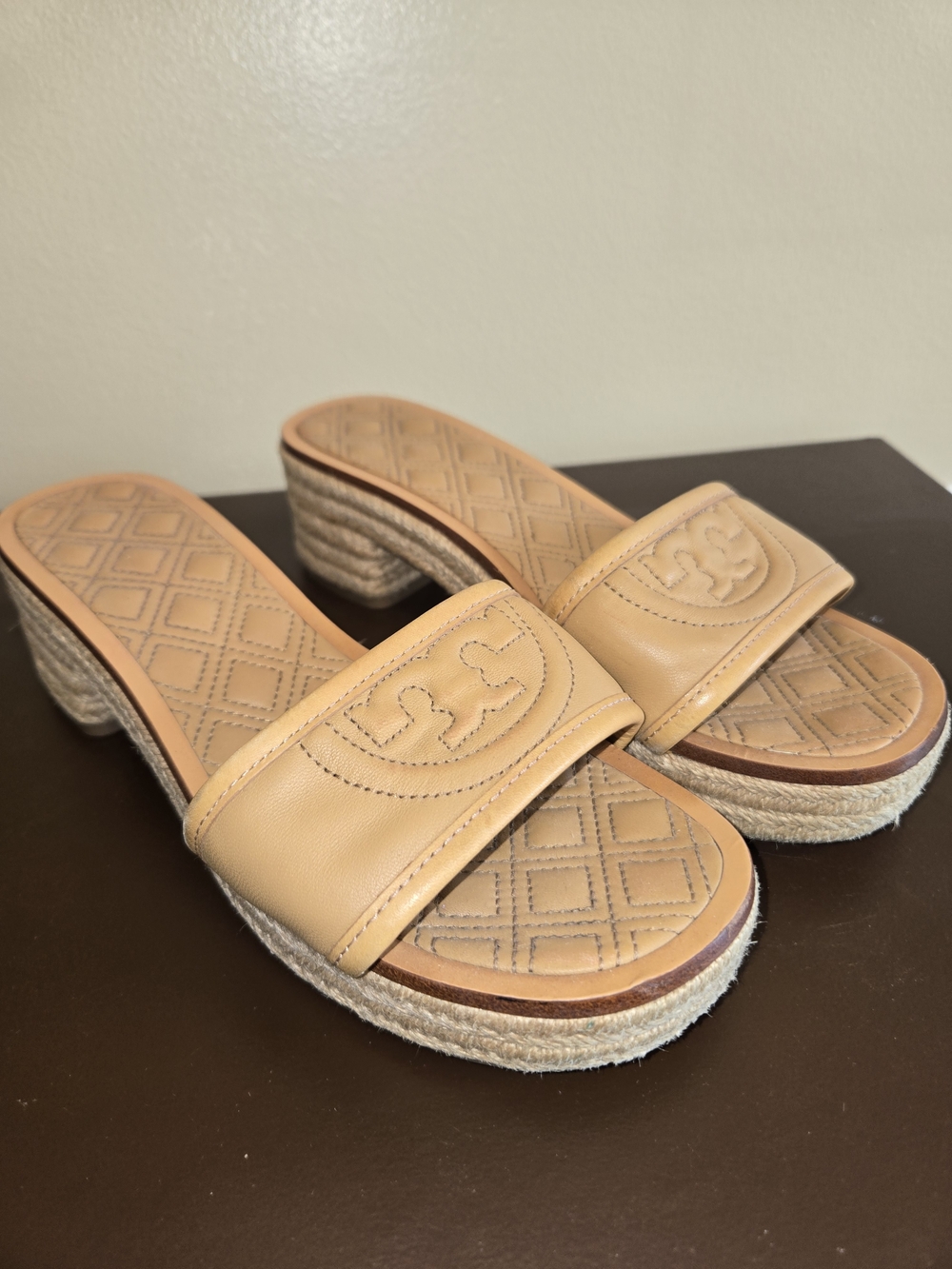 Tory Burch Tan Leather Espadrille Slide Sandals